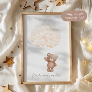 Babyparty Gästebuch Poster | Gästebild zum Unterschreiben mit Teddy und Ballons | Gender Reveal Deko | Geschenk Babyparty | Digital Download