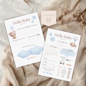 Biglietti di auguri e suggerimenti per il baby shower | Biglietti da compilare per il baby shower | Rivelazione del sesso del bambino | Baby shower | Biglietti da compilare | Download digitale | Blu
