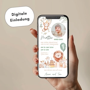 Personalisierte Einladung mit Foto | Einladungskarte Safari Tiere Junge | Whatsapp Vorlage | Ecard Geburtstag Einladung | Erster Geburtstag