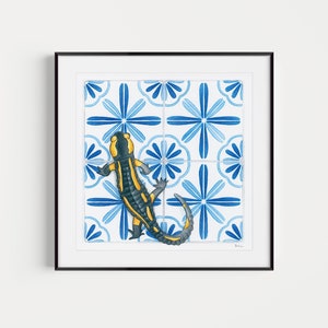 Watercolor Art print. Fire salamander, Portuguese tiles. Vintage Home decor Boho Wall art. Gift for amphibian lover. Abstract original print
