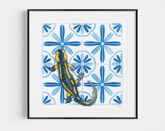 Watercolor Art print. Fire salamander, Portuguese tiles. Vintage Home decor Boho Wall art. Gift for amphibian lover. Abstract original print