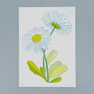 Risografiedruck. Gänseblümchen. Größen A3, A4, A5. Wandkunst. Blumenmuster. Original-Kunstdruck. Heimdekoration. Blume