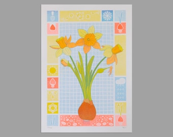 Daffodil. Vibrant Risograph Print - A4 size. Gift for wildflower and garden lovers.