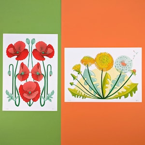 Ensemble de 2 impressions risographiques, coquelicot + pissenlit, tailles A3, A4, A5. Art mural. Conception florale. Impression d'art originale
