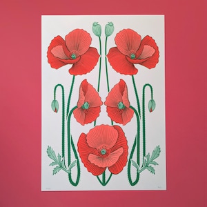 Impression risographique. Pavot. Tailles A3, A4, A5. Art mural. Conception florale. Impression d’art originale. Décoration d'intérieur. Fleur