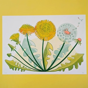 Impression risographie, Pissenlit, formats A3, A4, A5. Impression d'art originale. Décoration murale pour la maison. Conception florale. Fleur