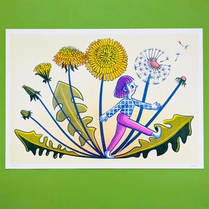 Wydruk risograficzny, Mniszek lekarski, Dostępne formaty A3, A4, A5. Sztuka ścienna, Boho Girl kwiatowy wzór, wystrój domu.