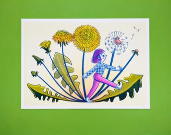 Risographie-Druck, Löwenzahn, Verfügbare Größen A3, A4, A5. Wandbild, Boho-Mädchen-Blumenmuster, Wohndekoration.