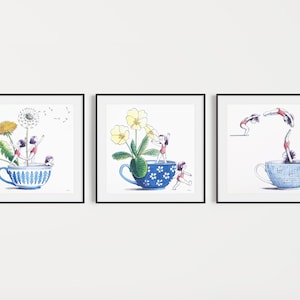 Set mit 3 Aquarelldrucken. Serie „Eine Tasse Tee“. Druck für Teeliebhaber. Kaffee-Wandkunst. Geschenk für Teeliebhaber