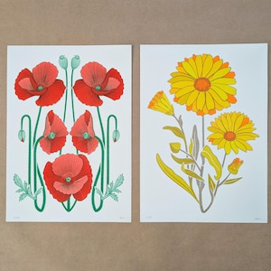 Ensemble de 2 tirages en risographe, Coquelicot + Souci, Tailles A3, A4, A5. Art mural. Conception florale. Impression d'art originale.