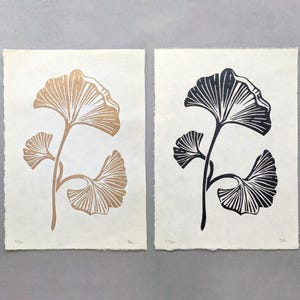 Linocut print. Ginkgo biloba. Original artwork hand-printed on Japanese paper. Gold and Warm sepia colors. Size A5