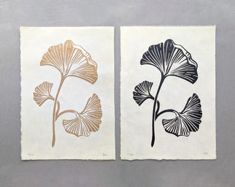Linocut print. Ginkgo biloba. Original artwork hand-printed on Japanese paper. Gold and Warm sepia colors. Size A5