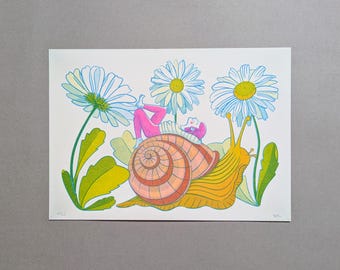 Risografieprint - Langzaam - Formaten A3, A4, A5. Originele kunstprint. Wanddecoratie voor thuis. Indie muurkunst.