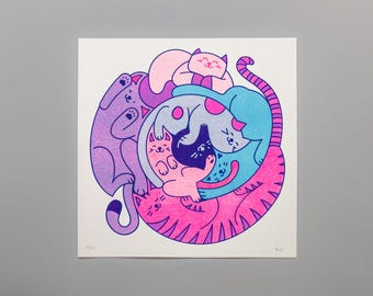 Risograph Print, Cats, Size square. Wall Art, Home Decor, Art Print, Original Art Print, Gift for cat and pet lovers