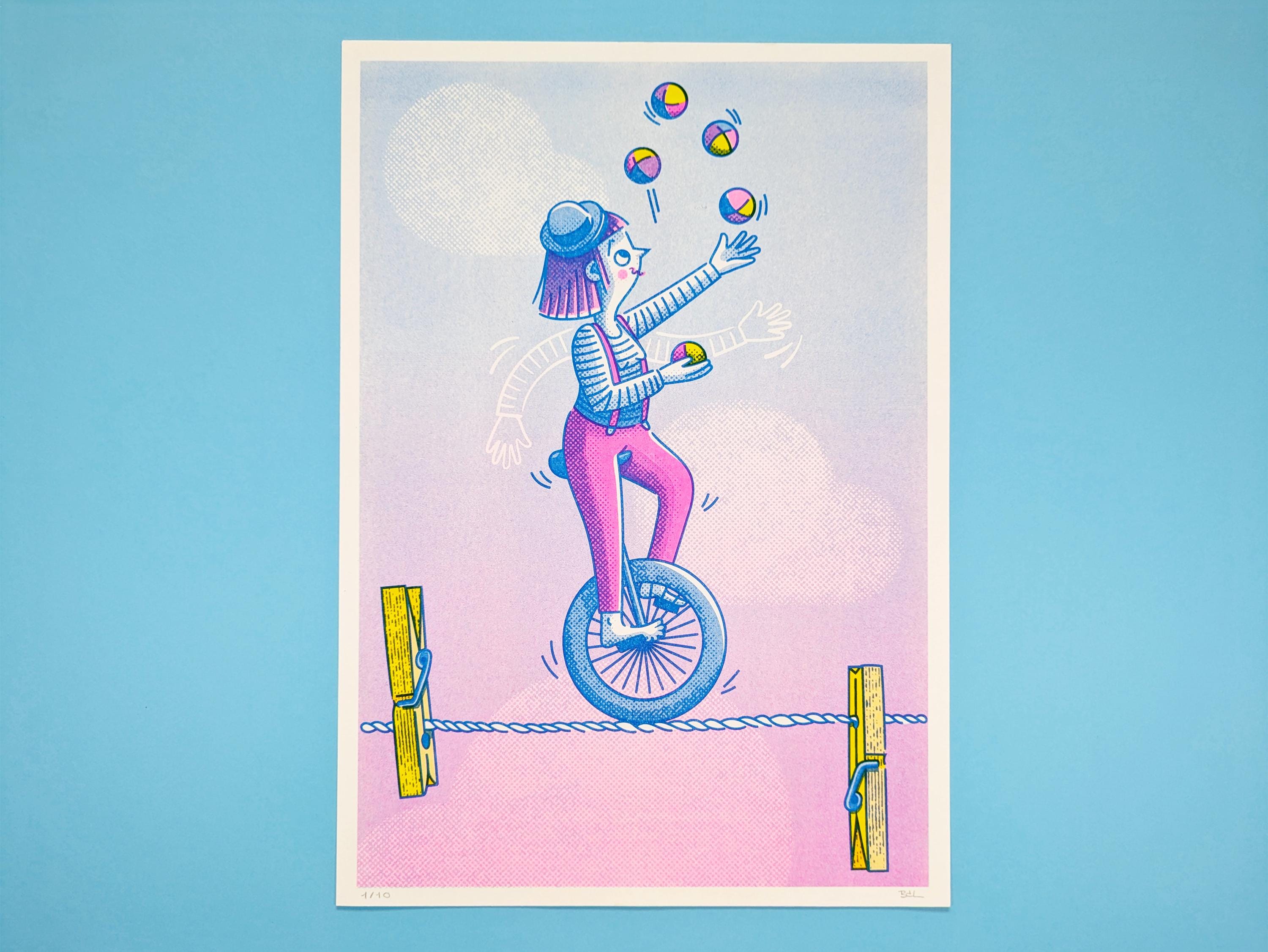 Risograph Print. Juggling. Available sizes A3, A4, A5. Indie Wall Art. Art Print. Home Decor. Gift Pop Culture. Circus. Girl equilibrist.