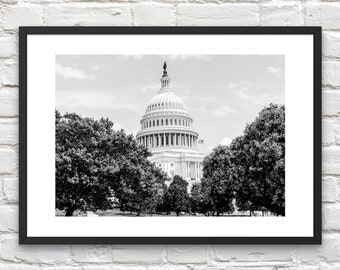 May include: A black and white photograph of the United States Capitol Building in Washington, D.C. The building is framed by trees and a cloudy sky.