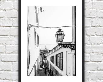 Lisbon Architecture Art Print - Lisbon Alleway Portugal  Poster - Vintage Black and White Photography Wall Art - Alley Street Photo Lisboa