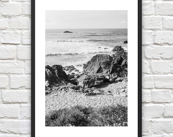 Portugal Beach Art Print - Portugal Beach Poster - Ocean Waves on Rocks - Black and White Photography Wall Art - Portugal Sand