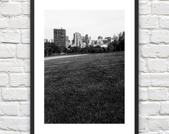 Puede incluir: Fotografía en blanco y negro de un horizonte urbano con edificios altos en la distancia. El primer plano es un campo de hierba.