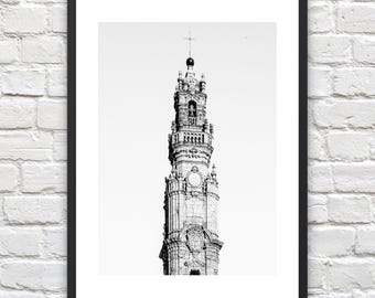 Clérigos Church Art Print - Porto Church Portugal  Poster - Vintage Black and White Photography Wall Art - Se de Porto Church Tower Photo
