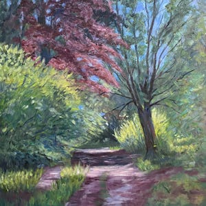 May include: An oil painting depicts a path winding through a forest. The scene is filled with lush greenery, including trees with red and green foliage. The path is a muted brown, and the sky peeks through the trees.
