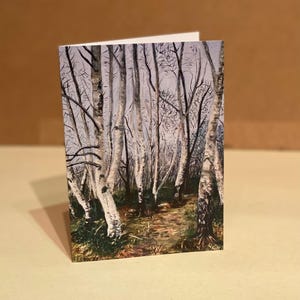 Cartão de felicitações exclusivo de Winter Birches, uma pintura a óleo original sobre tela, em branco para sua própria mensagem, com envelope, em celofane