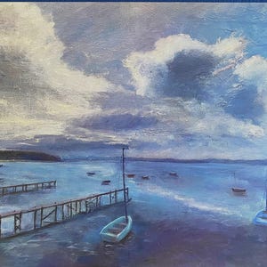May include: An oil painting of a coastal scene with a cloudy sky and calm water. Several small boats are scattered across the water, and wooden docks extend into the sea. The color palette is dominated by blues and whites.