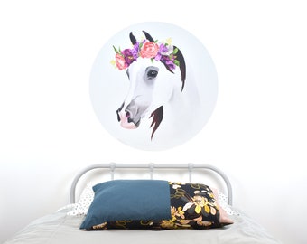 White horse wall decal with flower crown – extra large dot