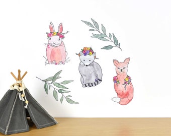 Woodland animals wall decal including a rabbit, raccoon and fox