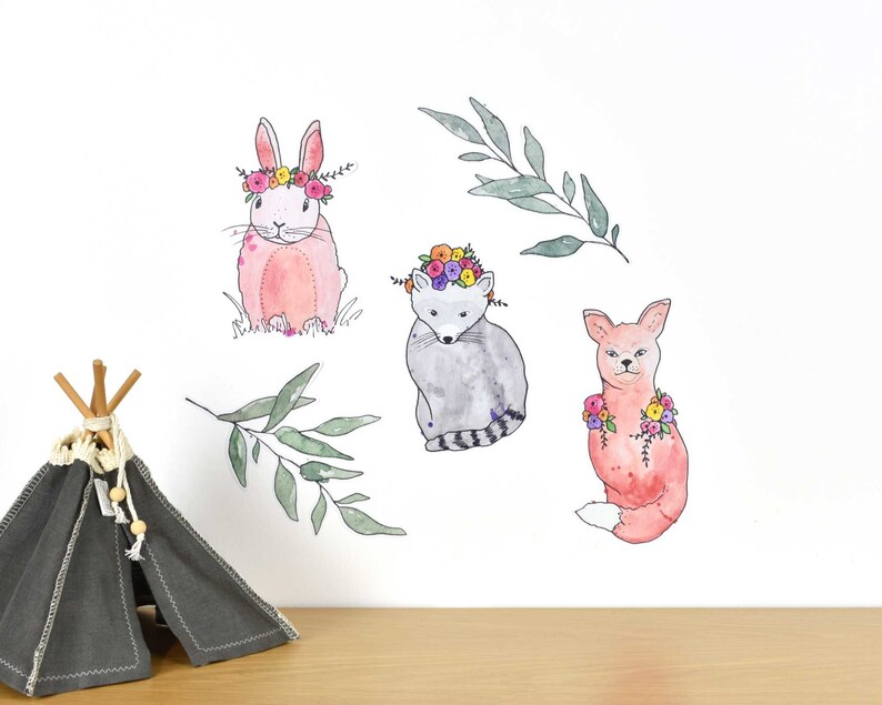 Woodland animals wall decal including a rabbit, raccoon and fox image 1