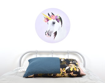 White unicorn wall decal with flower crown – large dot