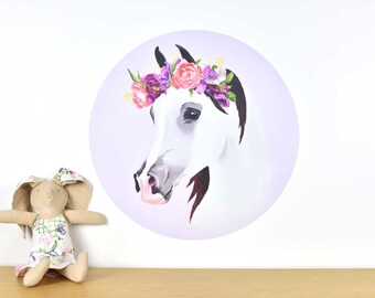 White horse wall decal with flower crown – large dot