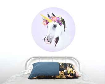 White unicorn wall decal with flower crown – extra large dot