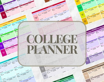 May include: A college planner with a colorful design. The planner includes sections for each semester, with space to list courses, credits, and grades. The planner also includes a section for major information, with space to list the major name, specializations, and concentrations.