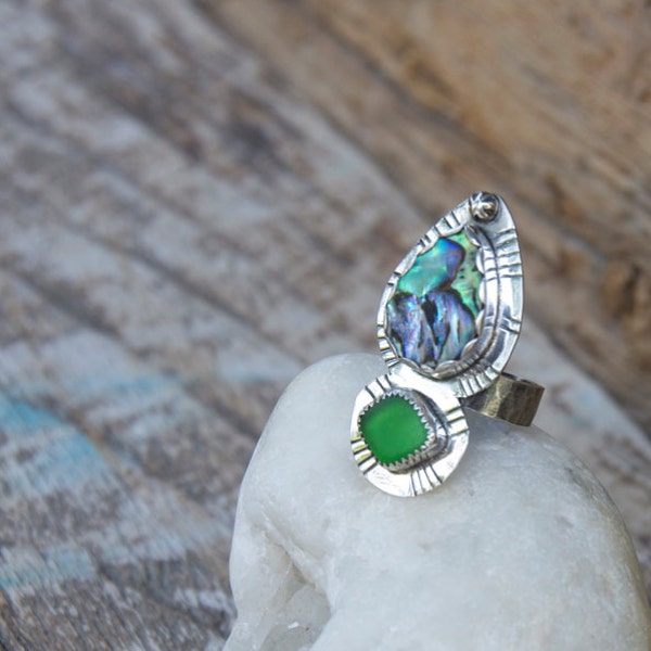 Ocean Lust Ring ++ Genuine Seaglass and Natural Abalone with Silver Raindrop and Linework Details // Set in Fine Silver