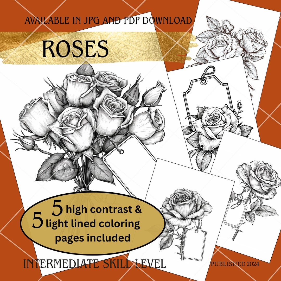 Roses Printable Coloring Page, Download Ready, 8.5 X 11 Size, Beautiful ...