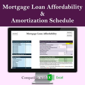 May include: A computer screen displaying a spreadsheet for calculating mortgage loan affordability and amortization schedule. The spreadsheet is titled "Mortgage Loan Affordability" and is compatible with Microsoft Excel. The spreadsheet includes sections for income and expenses, mortgage details, and debt-to-income ratio.