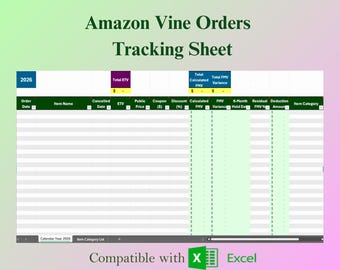Amazon Vine Order Tracking - Simple Excel Design, ETV, FMV, Discounts, Residual Value, 6-Month Holding Period
