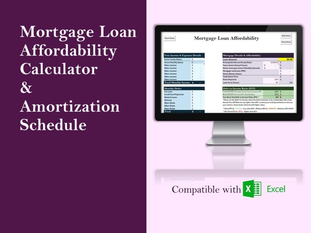 Mortgage Loan Affordability & Amortization Schedule Simple Excel Design