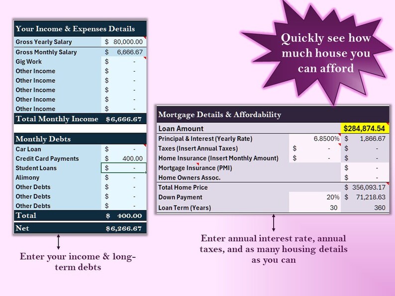 Mortgage Loan Affordability & Amortization Schedule Simple Excel Design