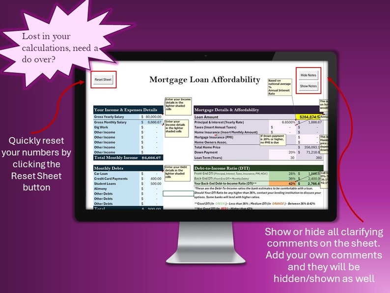 Mortgage Loan Affordability & Amortization Schedule Simple Excel Design