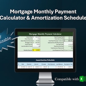 May include: A computer screen displaying a mortgage calculator and amortisation schedule. The calculator is fully customisable and allows users to input their own home price, down payment, loan amount, interest rate, and loan duration. The amortisation schedule shows the monthly payment, interest, principal, and loan balance for each month of the loan. The calculator is compatible with Microsoft Excel.