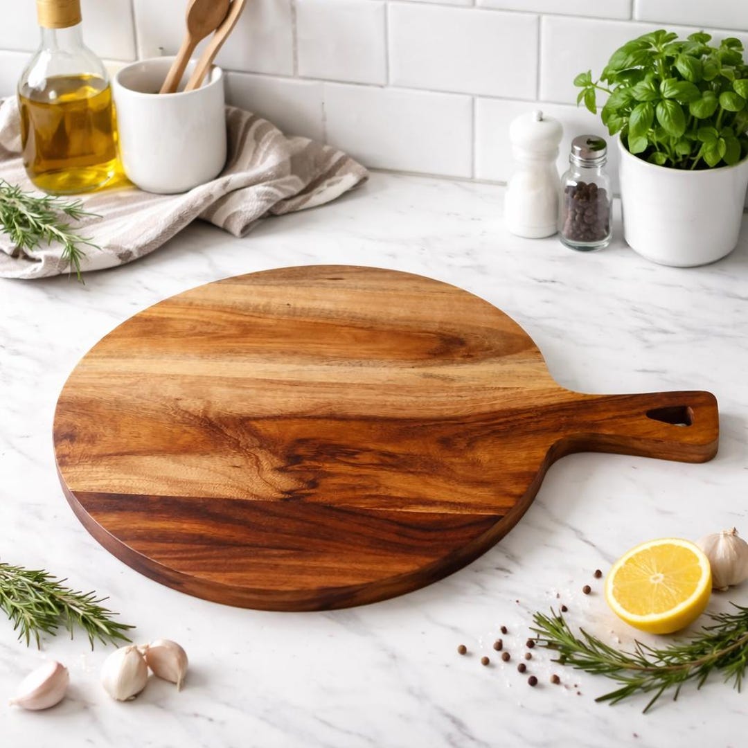 Acacia Wood Round Cutting Board – Charcuterie Serving Platter With ...