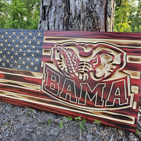 Wooden Alabama Roll Tide American Flag Sign USA