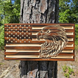 Wooden Bald Eagle Head American Flag Sign USA