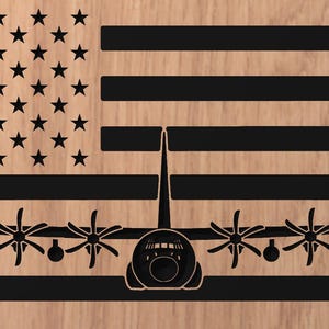 May include: Wooden wall art featuring a black graphic of an American flag with a C-130 Hercules aircraft silhouette. The flag design includes stars and stripes, with the plane's propellers and fuselage integrated into the design.