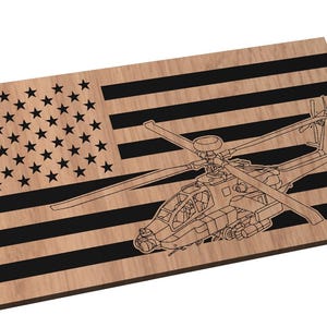 May include: A wooden plaque with a black and white image of an American flag and a helicopter. The helicopter is in the lower right corner of the plaque.