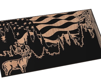May include: A black and brown wooden sign with a deer silhouette and an American flag design. The deer is standing in a forest with trees and a waving flag in the background.