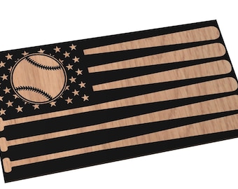 May include: A wooden American flag with a baseball and bats cut out. The flag is black with red, white, and blue stars. The baseball and bats are made of wood and are a natural brown color.