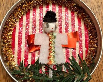 Little Spun Cotton Head Man Figure Ball Mason Jar Lid  Christmas Ornament